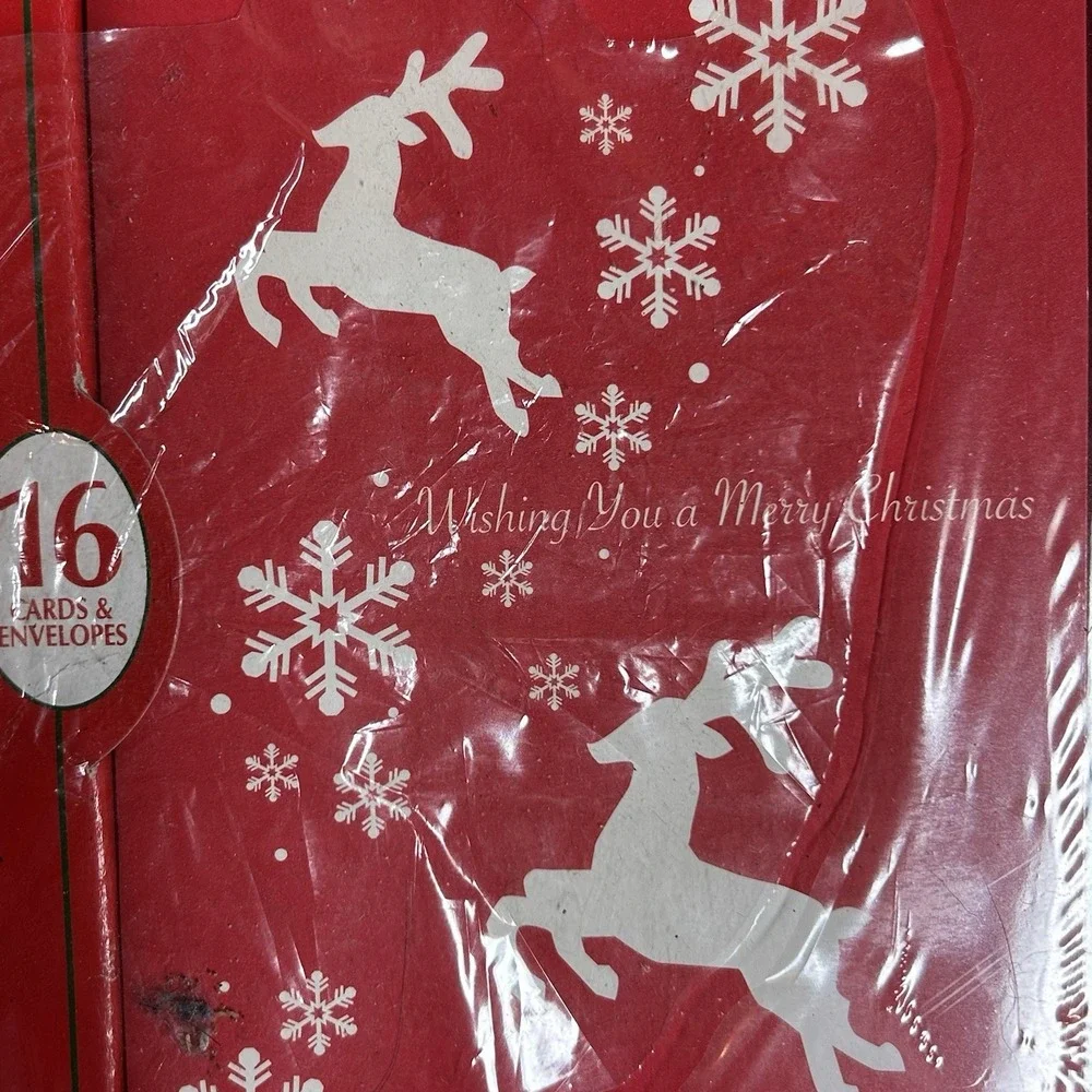 NEW & SEALED Red Reindeer Snowflakes 16 Christmas Cards & Envelopes Xmas Holiday